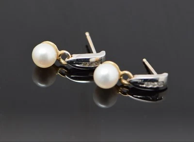 14K Yellow and White Gold Pearl and Diamond Dangle Earrings  - Image 1 of 4