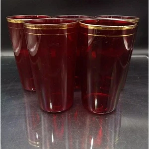 Set 5 bicchieri vintage rosso rubino con bordo oro dipinto a mano MCM - Foto 1 di 7
