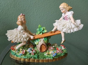 Antique 1859 German DRESDEN Sitzendorf Porcelain Girls on a Seesaw LACE Figurine - Picture 1 of 17