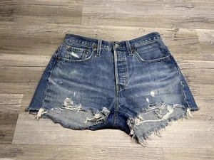 Levi's Premium 501 Micro Shorts Size 27 Blue Denim Distressed High Rise Cut Off - Picture 1 of 9