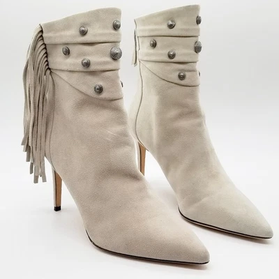 Paige Suede Tassel Fringe Stud Western Ankle Heel Boots Pointy Toe Cream 10 $395 - Image 1 of 4