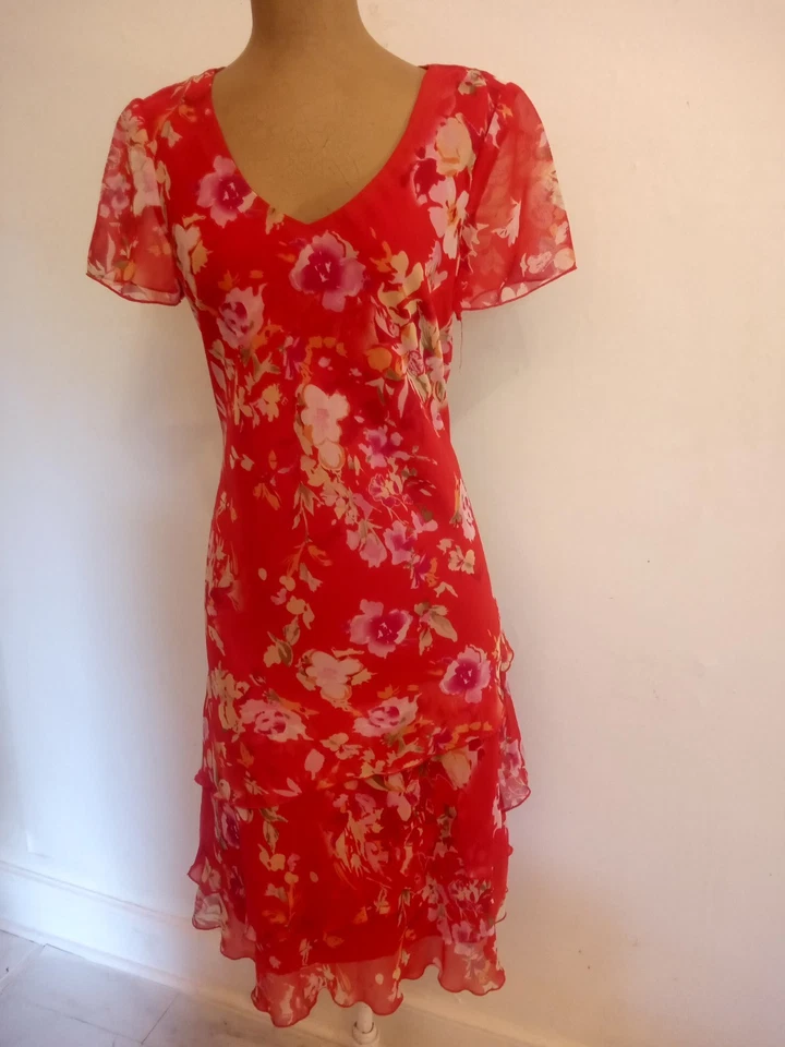 Vestido Signature By Sangria Floral Rojo Gasa Talla 10 Foto 1 de 4