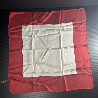 COACH Vtg Scarf 100% Silk 21" Cream Center Square Burgundy Red Brown Outer - Image 1 of 4