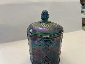 Vintage Indiana Blue Carnival Glass Harvest Grapes Pattern Jar / Canister - Picture 1 of 22
