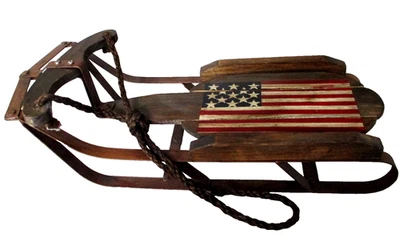 Antigo trenó de neve de madeira e metal rústico americano decoração para casa fazenda de inverno 15" de comprimento - Imagem 1 de 4