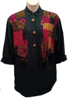 EUC Niki & Danielle Forest Green Top, Attached Print & Beaded Vest, Women's 12 - Image 1 of 4