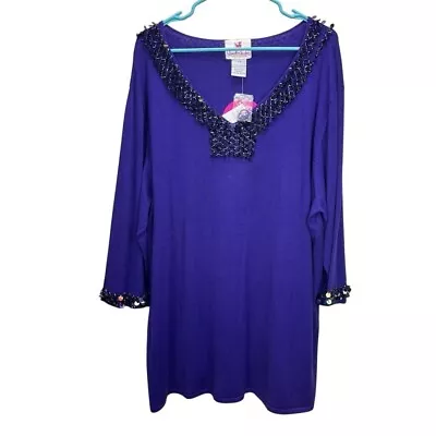 NWT Quacker Factory Purple Beaded Sequins Long Sleeve Knit Top Size 2X - Image 1 of 4