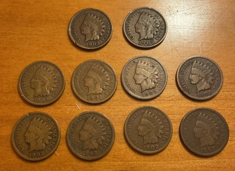 Lot of 10 Antique 1890s-1900s US Indian Head Cent Pennies VG-EF+ Cover