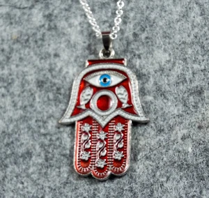 Hamsa Fatima Hand - Emaillierter Anhänger mit Halskette 45+7 cm. Silber - Bild 1 von 6