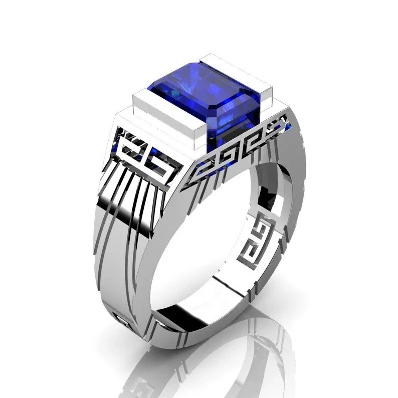 Simulated 3.00CT Emerald Cut Royal Blue Sapphire Modern Wedding Ring For Men's - Image 1 of 4