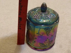 Vintage Indiana Carnival Glass Canister Jar Grapes Blue/Green/Purple 7 1/2" -Lid - Picture 1 of 3