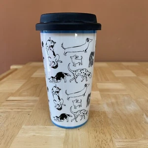 Tazza da viaggio pendolare Rosanna Purr & Wag 12 oz - design cane bordo blu con coperchio nero - Foto 1 di 9
