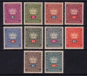 LIECHTENSTEIN #O37-O46 MNH (CROWN & NARROW NUMERALS) BUFF GRANITE PAPER - Picture 1 of 1