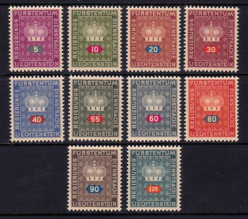 LIECHTENSTEIN #O37-O46 MNH (CROWN & NARROW NUMERALS) BUFF GRANITE PAPER - Image 1 of 1