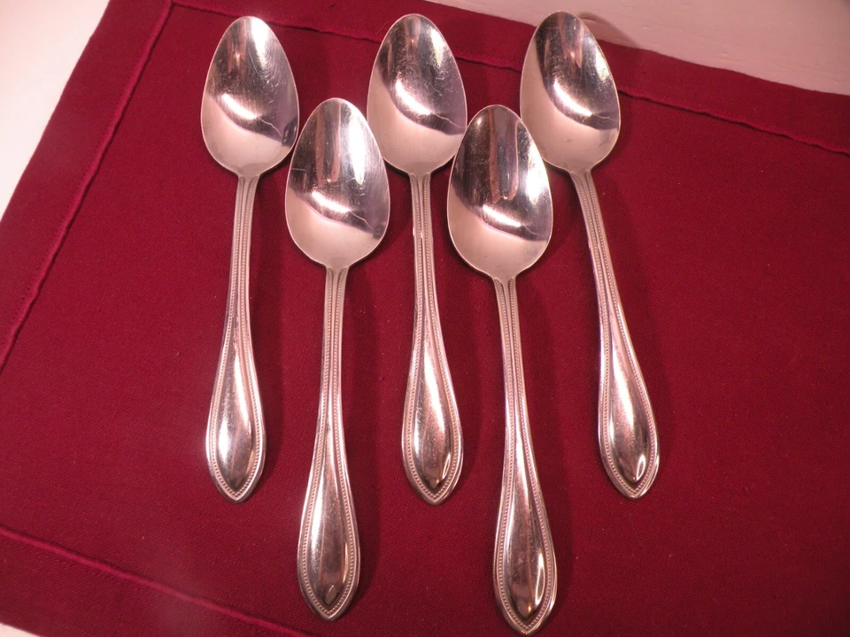 Set Of 5 Place Oval Soup Spoons Towle Tuscan Bead Stainless 7 1/2" - Image 1 of 4