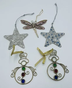 Vintage Christmas Ornament Wire Metal Bead Rhinestone Stars Snowman Dragonfly - Picture 1 of 2