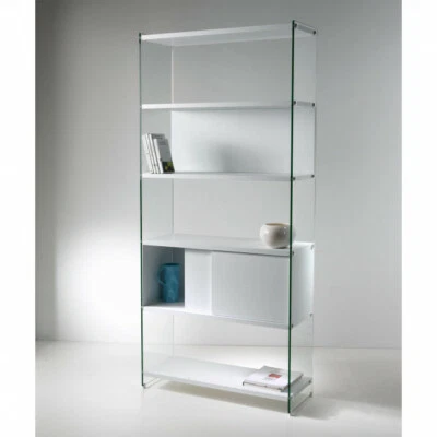 LIBRERIA COMPONIBILE BIFACCIALE IN VETRO TEMPERATO PIANI LEGNO VARI COLORI 90.A - Immagine 1 di 4