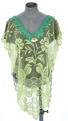 Mamie Top Baumwolle schwarz grün Spitze Blumen Bohemian V-Ausschnitt Beachwear Muschel S M - Bild 1 von 4