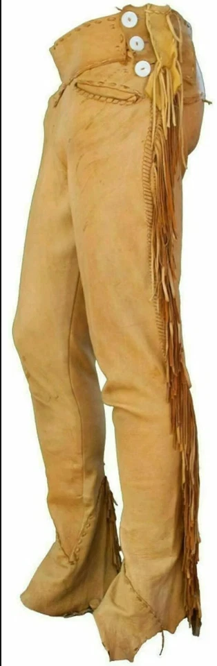 Men Native American Western Buckskin Ragged Leather Hippie Pants Mountain Man - Image 1 of 3