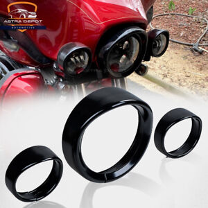 Black 7" Headlight Trim Ring + 4.5" Auxiliary Light Bezel Visor Cover for Harley