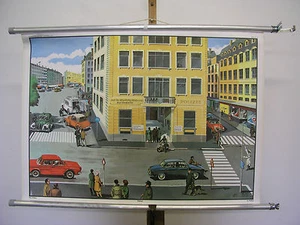 schöne alte Schulwandkarte Wandbild Polizeiwache Unfall BMW 90x63cm vintage 1965 - Bild 1 von 3