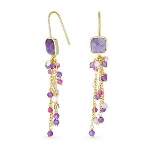 Boho Gemstone Waterfall Tassel Dangle Earrings 18K Gold Plated Western Jewelry - Picture 1 of 9