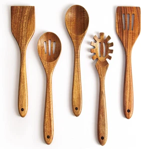 Cucharas de madera de acacia para cocinar: juego de utensilios de cocina y cocina de 5 piezas - Wo... - Imagen 1 de 12