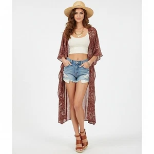 Angels Forever Young Duster Kimono Women XL Brown Purple Paisley Cardigan Rustic - Picture 1 of 12