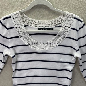 Top tejido gofre Lauren Ralph Lauren para mujer L negro blanco rayas encaje ganchillo - Imagen 1 de 10
