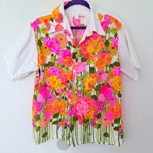 Camicia hawaiana vintage Pomare Tahiti bianca floreale manica corta unisex abbottonata L - Foto 1 di 6