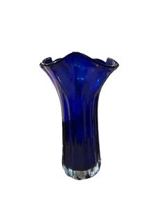 Cobalt Deep Royal Blue 11.5” Vase Handkerchief Ruffle Blown Glass Art Heavy - Picture 1 of 8