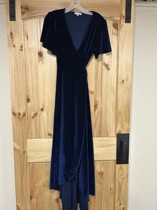Baltic Born Womens Ribbed Velvet Wrap Dress Large Navy - Picture 1 of 6