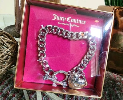 Pulsera Juicy Couture Silvertone J Corazón Hinchado ❤️ Coronas 👑 Dijes Palanca ¡NUEVA CON ETIQUETAS! Foto 1 de 4