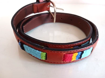 Fossil Sz M 30" Brown Leather Belt w Colorful Red Yellow Blue Embroidery Silver - Image 1 of 4