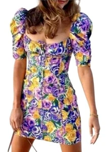 Zara Dress Women Medium Purple Yellow Floral Balloon Sleeve Corset Style Mini - Picture 1 of 15