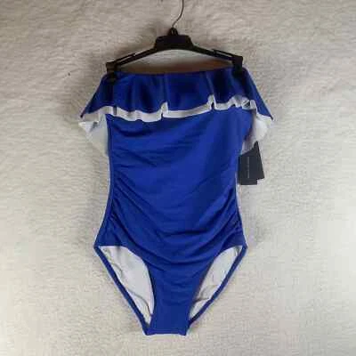 Купальник цельный женский Tommy Hilfiger с оборками и воланами синий без бретелек размер 10 - Изображение 1 из 4