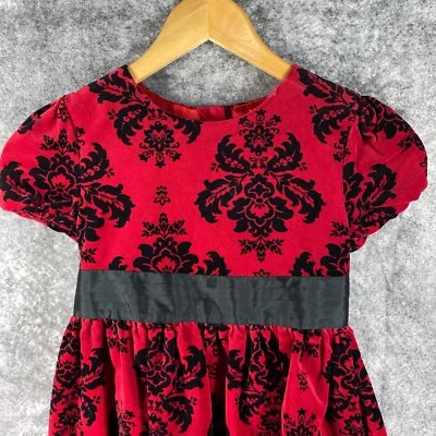 Hartstrings Dress Girls 7 Red Black Velvet Palampore Floral Ribbon Cotton Party - Image 1 of 4