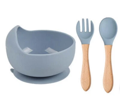 Niño Bebé Silicona Cuenco y Cuchara y Tenedor Destete Auto Alimentación Set Succión Foto 1 de 4