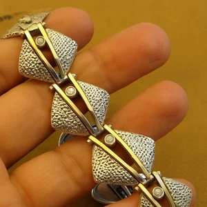 Hadar Designers White Zircon Bracelet 9k Yellow Gold 925 Silver Handmade Art (MS - Picture 1 of 14