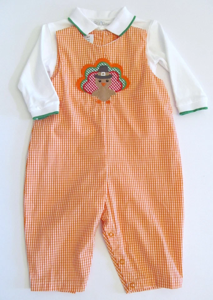 ¡NUEVO CON ETIQUETAS! Petit Ami Boutique Bebé Niño 12 meses Traje de mameluco naranja pavo de acción de gracias Foto 1 de 4