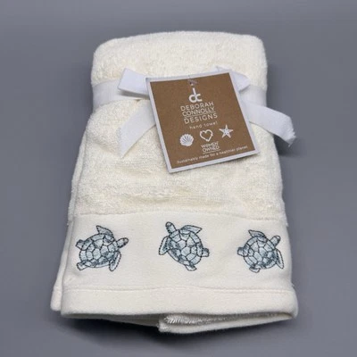 2 полотенца Deborah Connolly цвета слоновой кости бирюзовые с вышивкой морская черепаха для рук ванная комната пляж - Изображение 1 из 4