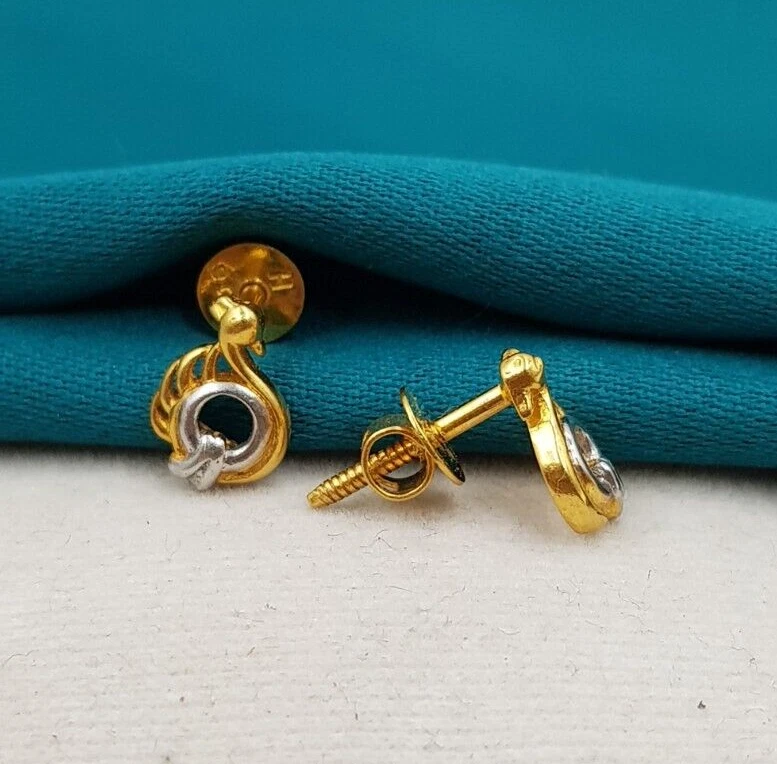 Stud 22K Gold Earrings Rhodium Peacock Design Stud Earrings Plain Solid Gold - Image 1 of 4