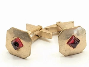 Vintage Gold Tone Red Glass Cuff Links Men's Jewelry - Picture 1 of 10