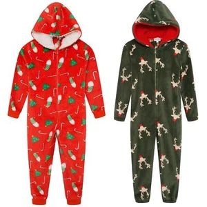 Christmas Fleece 1Onesie Hooded Festive All In One Xmas Sleepsuit Nightwear - Picture 1 of 7