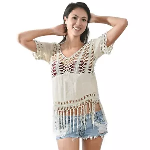 Tropical & Dazzling Cream Colored Crochet Fringe Trim Cover Up - Picture 1 of 5