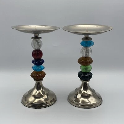 "Par (2) Juego de candelabros únicos con cuentas de vidrio de murano de 7"" de alto hechos en la India" Foto 1 de 4