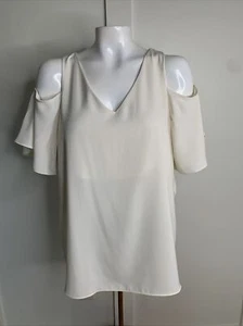 Ann Taylor Womens Sz L Ivory Cold Shoulder V-Neck Tunic Blouse Lined Polyester - Picture 1 of 5