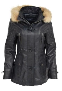 Womens Duffle Coat NAVY Soft Leather Slim Fit Detachable Hood Parka Jacket NEW - Picture 1 of 12