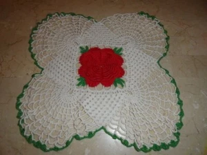 Vintage White w/Center Red Rose & Green Trim Crochet Doily - Picture 1 of 4