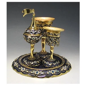 Jeweled Metal 4 pc. Havdalah Set Blue BG Gold & Blue Flowers By Karshi - Picture 1 of 1